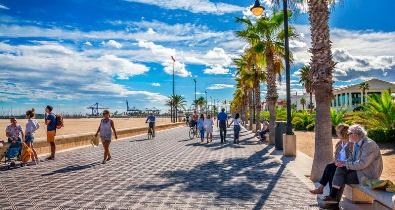 Boardwalk in valencia Spain for expats. Playa de la Malvarrosa